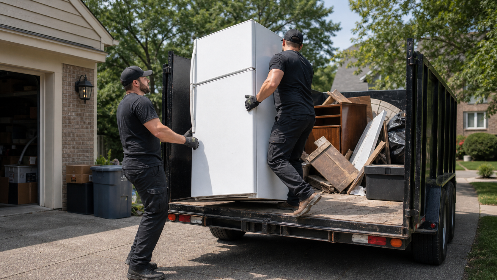 Junk removal crew loading an appliance from a driveway near a home