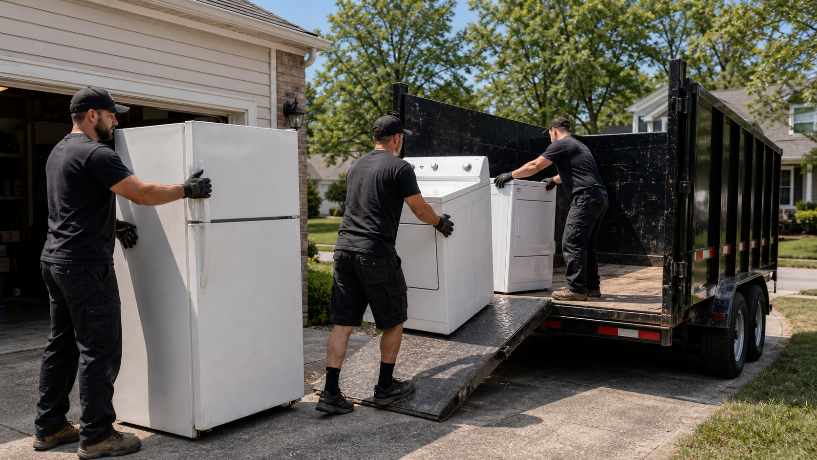 Junk removal crew picking up a refrigerator, washer, and dryer