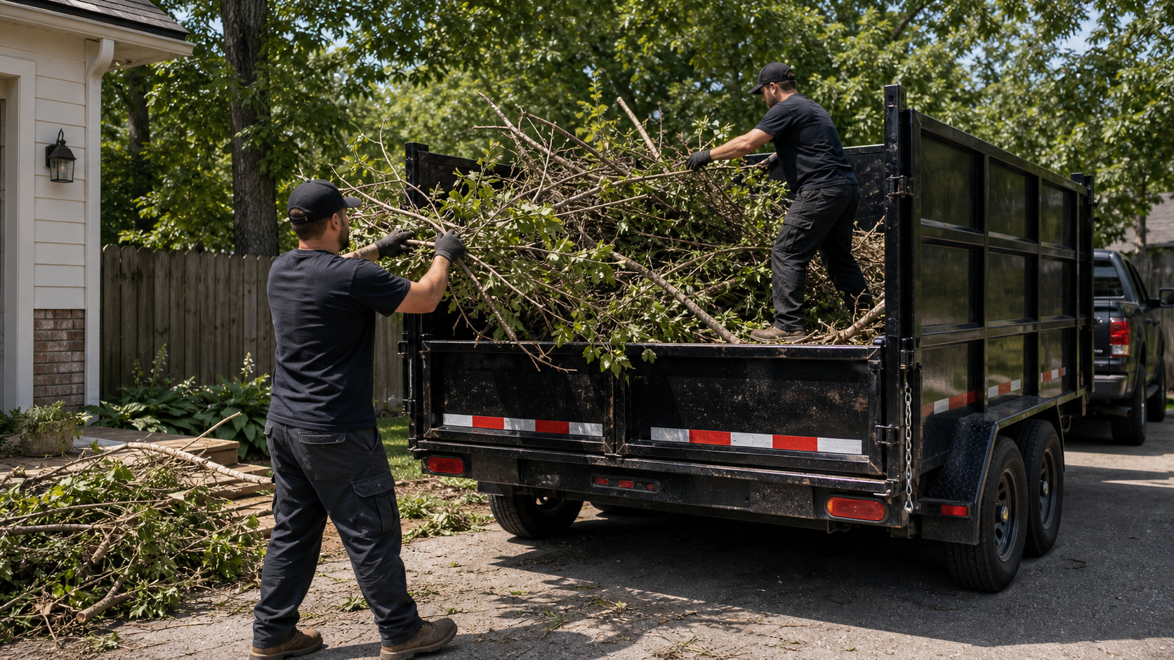 A junk removal crew hauling yard debris from a suburban property